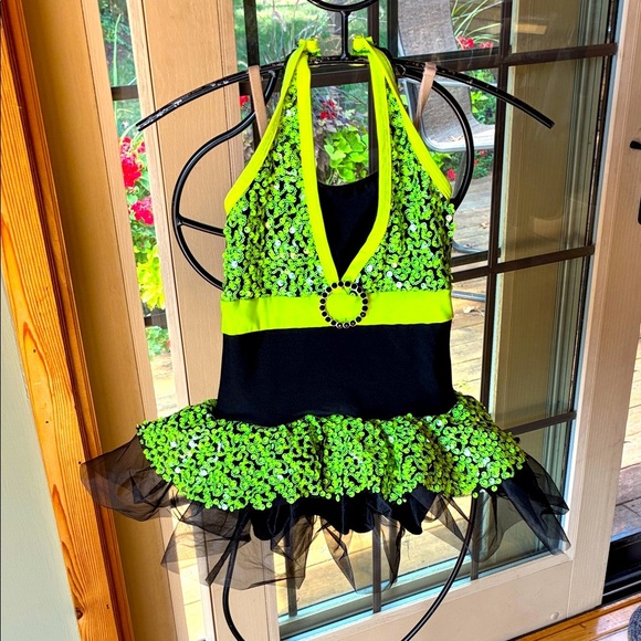 A Wish Come True Neon Green and Black Kids Sequined Dance Sz. 6X-7 Costume - Picture 1 of 7